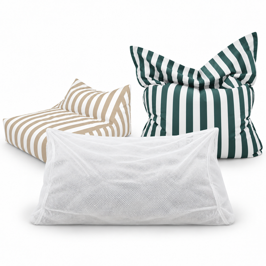 White breathable mesh inner liner shown with a khaki and white striped Big Chill Standard lounger and dark green and white striped Big Bertha XXL beanbag cover.