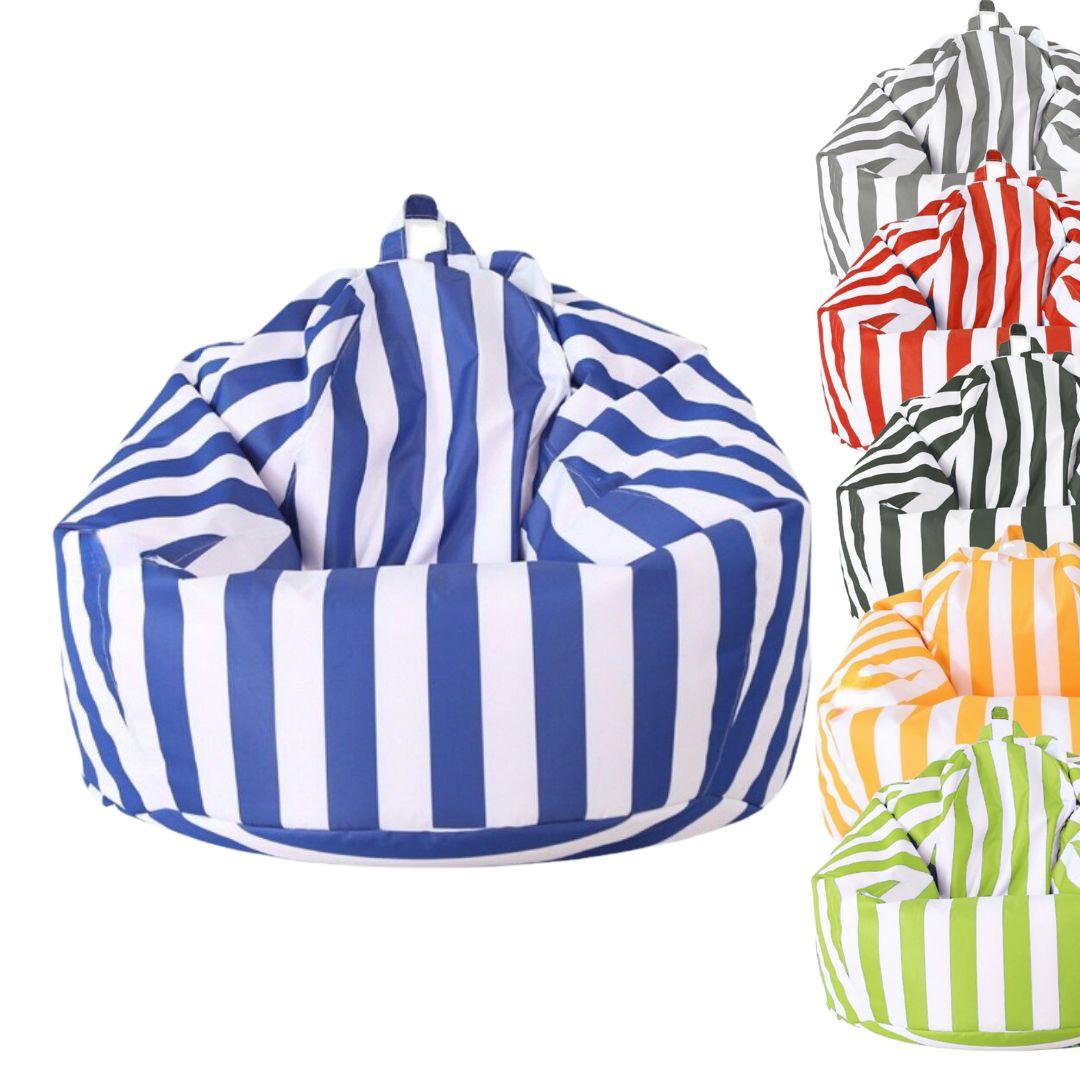 Teardrop waterproof outdoor bean bag covers in multiple striped colours including blue, black, red, green, yellow, and lime
