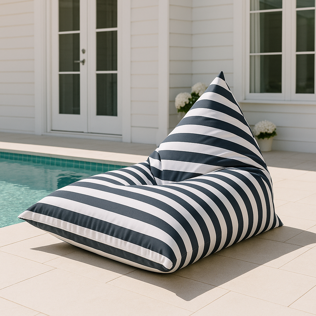 Hamptons large waterproof outdoor triangle bean bag cover 110 x 140 dark grey and white horizontal stripe pool lifestyle setting
