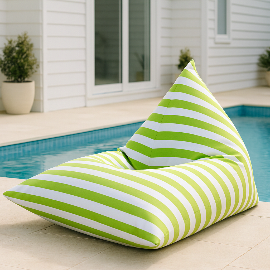 Hamptons large waterproof outdoor triangle bean bag cover 110 x 140 light green and white horizontal stripe pool lifestyle setting