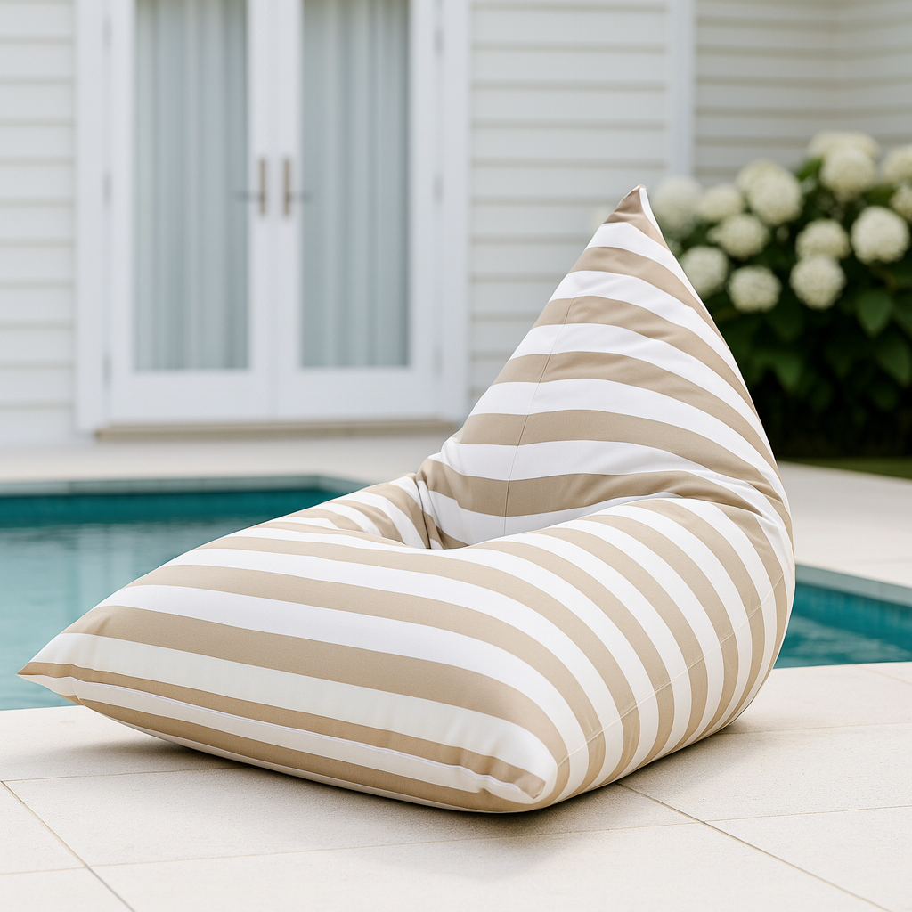 Hamptons large waterproof outdoor triangle bean bag cover 110 x 140 light khaki and white horizontal stripe pool lifestyle setting
