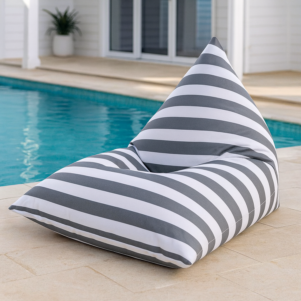 Hamptons waterproof outdoor triangle bean bag cover 90 x 140 light grey and white horizontal stripe poolside lifestyle