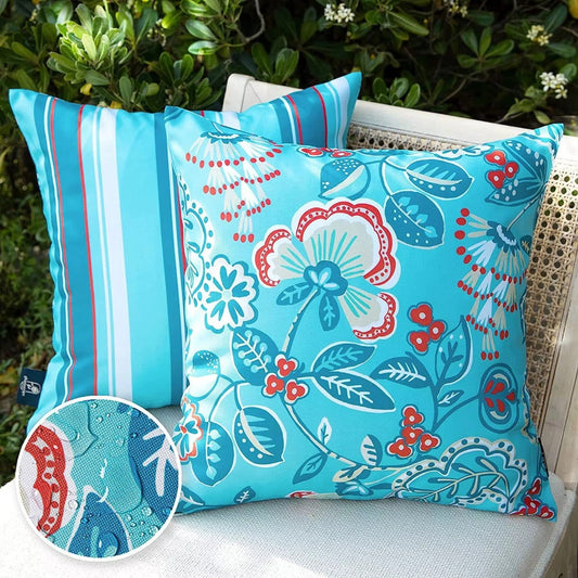 Coastal Bloom waterproof outdoor cushion cover set in Aqua Red with floral and striped designs, 45x45cm 2-pack for patio or garden seating.
