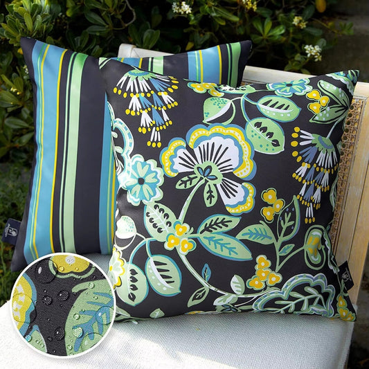 Coastal Bloom outdoor cushion cover set in Charcoal Citrus with vibrant floral and striped covers, waterproof 45x45 cushion set designed for stylish outdoor living.