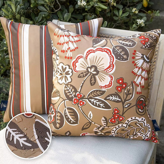 Coastal Bloom waterproof outdoor cushion cover set in Mocha Spice, 45x45cm 2-pack with floral and striped designs in red, mocha, and cream tones.