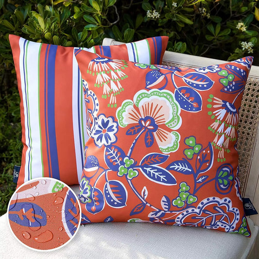 Coastal Bloom waterproof outdoor cushion cover set in Terracotta Citrus, 45x45cm 2-pack with floral and striped designs for garden or patio use