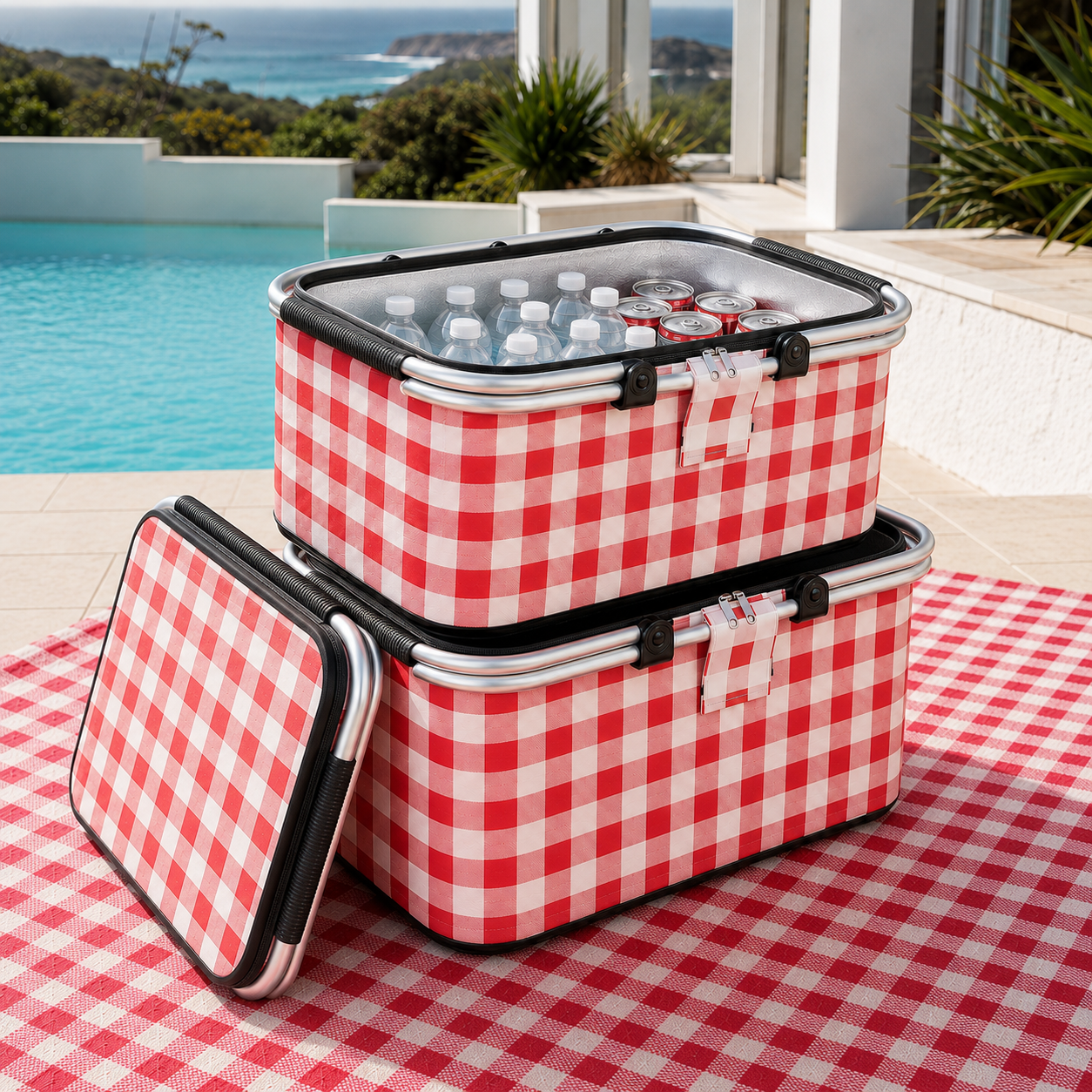 Two Beach Brights large insulated picnic coolers in red and white check stacked together for easy storage and outdoor use.