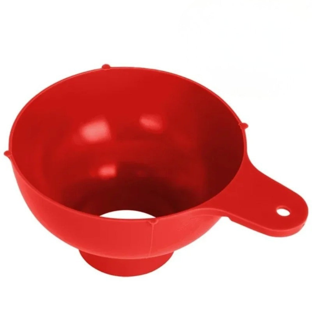 Plastic beanbag filling funnel designed to prevent bead spills during refilling