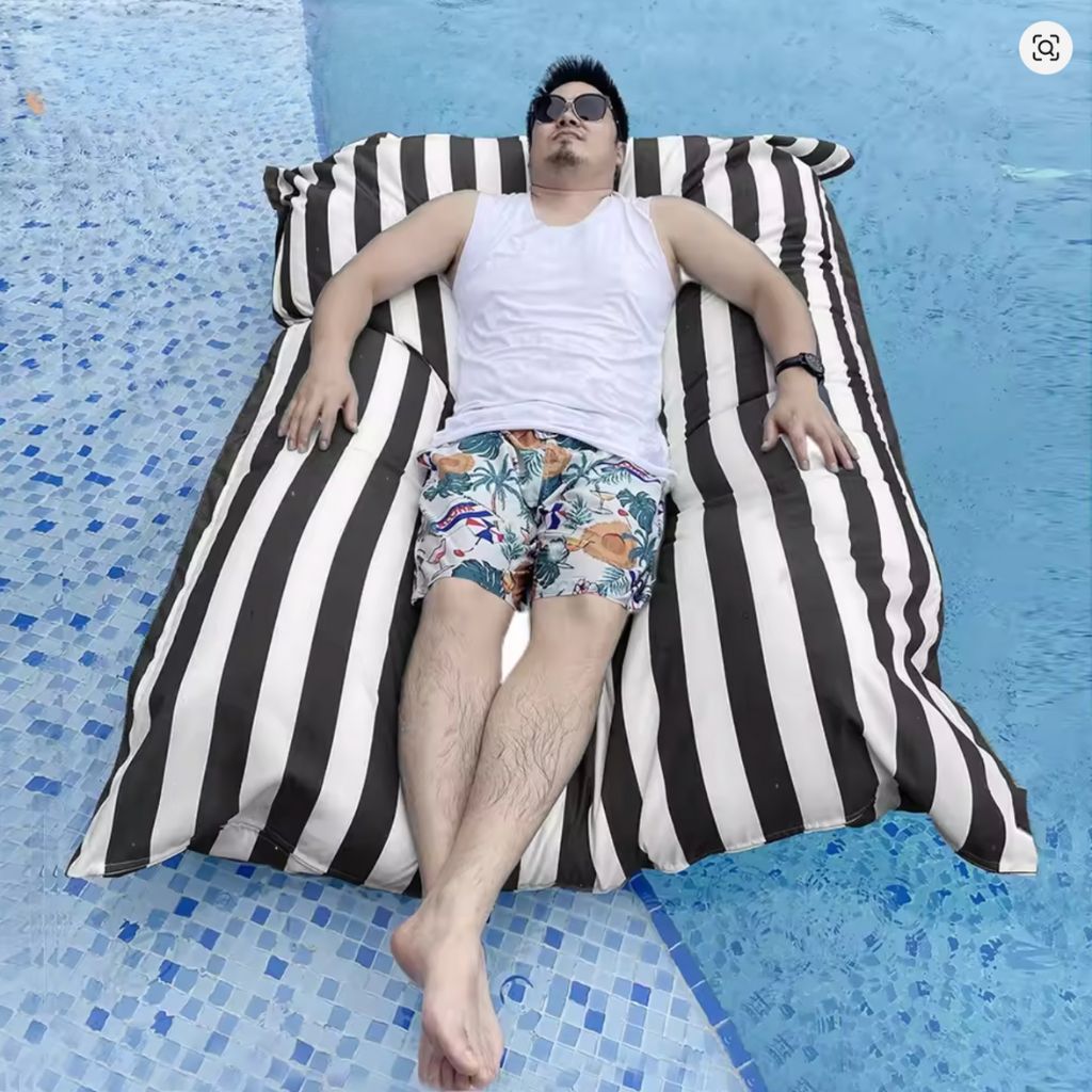 Aussie Outdoor Big Bertha Premium Waterproof Striped Beanbag Cover in Black and White Stripe Floating Pool Lifestyle