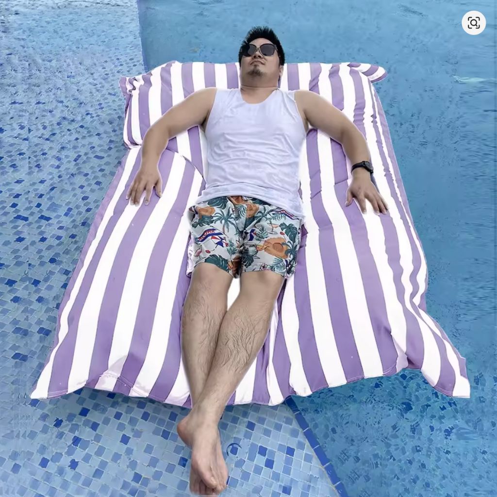 Aussie Outdoor Big Bertha Premium Waterproof Striped Beanbag Cover in Purple and White Stripe Floating Pool Lifestyle