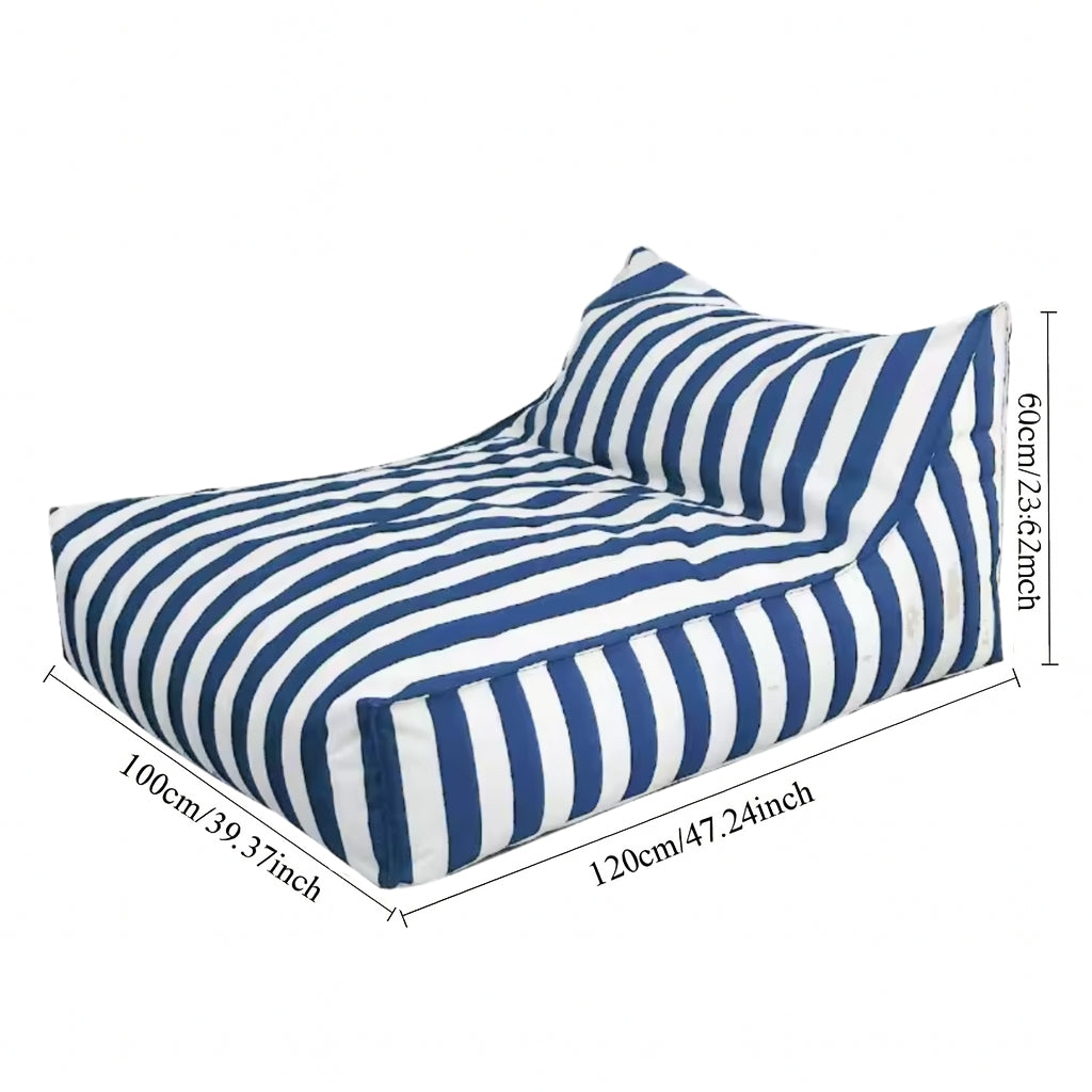 Big Chill floating bean bag cover with dimensions – 120cm x 100cm x 60cm in blue and white stripe