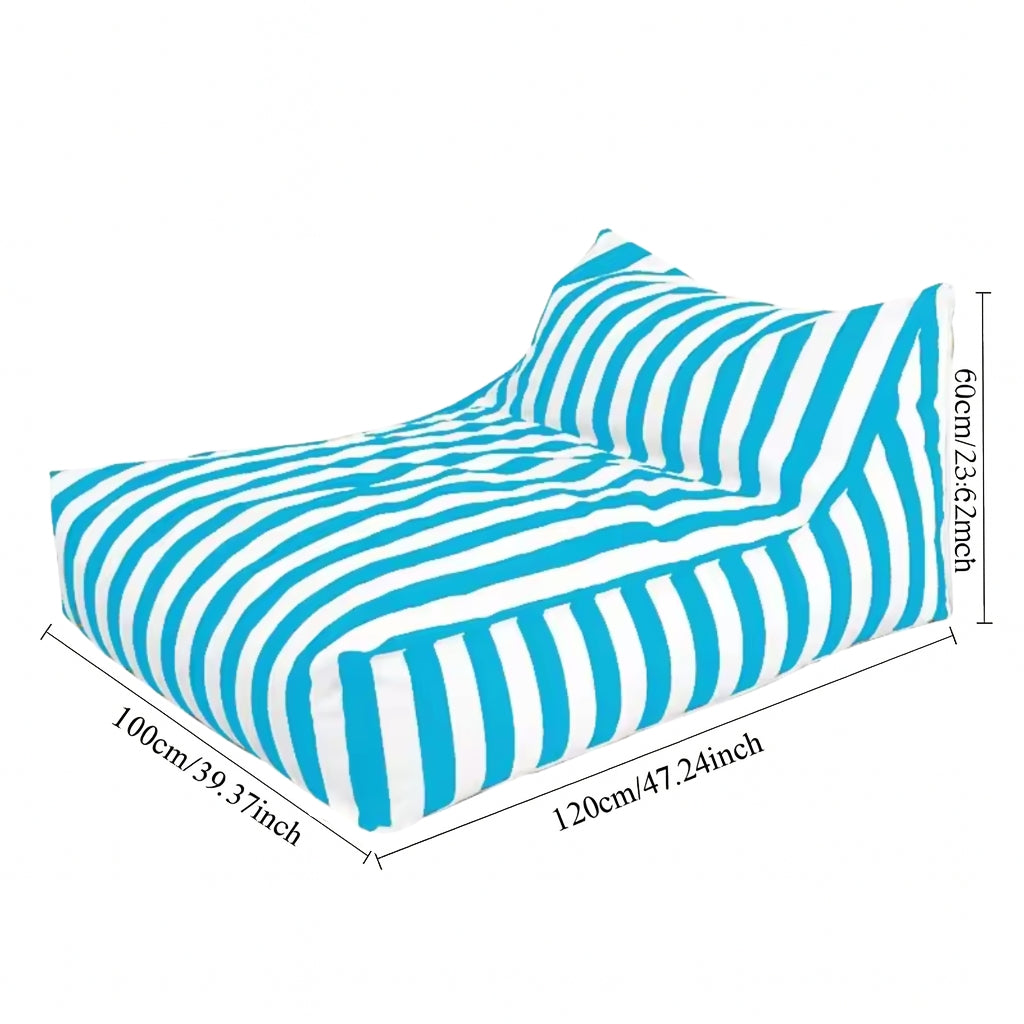 Big Chill floating bean bag cover with dimensions – 120cm x 100cm x 60cm in sky blue and white stripe