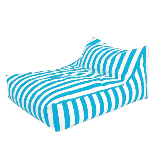 Big Chill waterproof outdoor bean bag cover in white and sky blue stripe – resort-style floating lounger