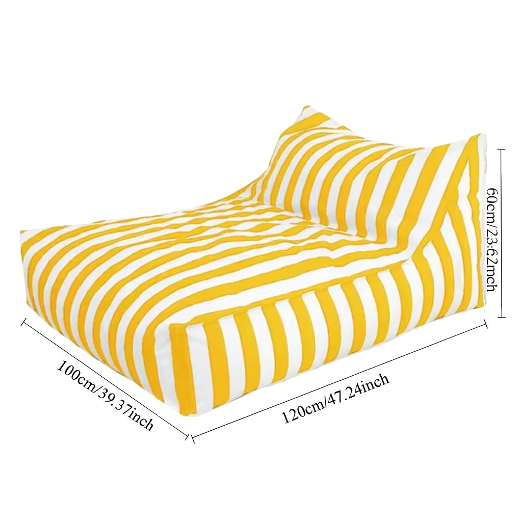 Big Chill floating bean bag cover with dimensions – 120cm x 100cm x 60cm in yellow and white stripe