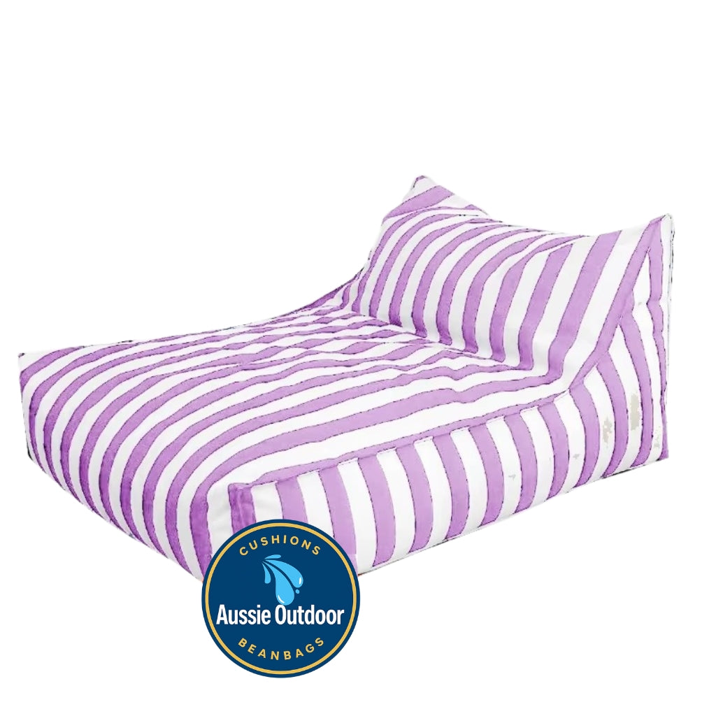 Aussie Outdoor Big Chill Premium Waterproof Floating Lounger Cover in Purple and White Stripe Outdoor Lounging Lifestyle