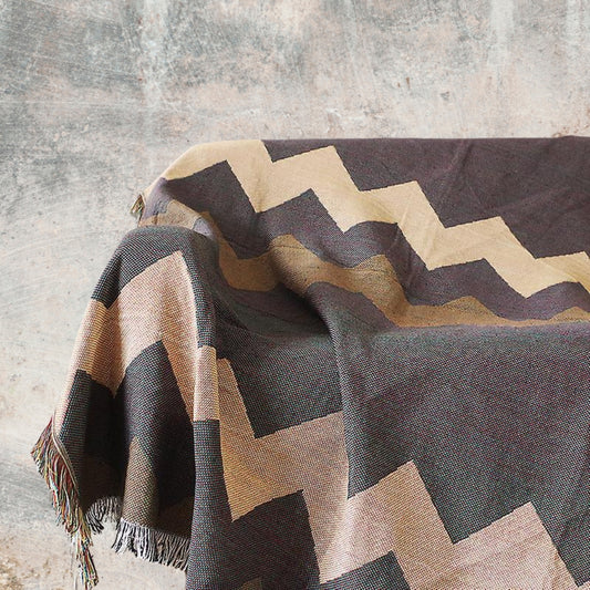 Reversible view of the Coastal Picnic Rug in the Coastal Geo pattern showing both sides of the jacquard woven cotton design.