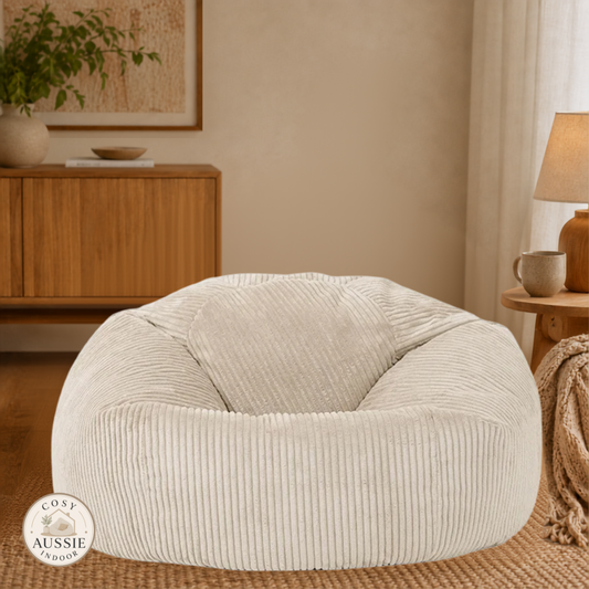Cosy Cloud Corduroy Indoor Beanbag Cover Beige in a cosy indoor lounge room with soft ribbed corduroy fabric