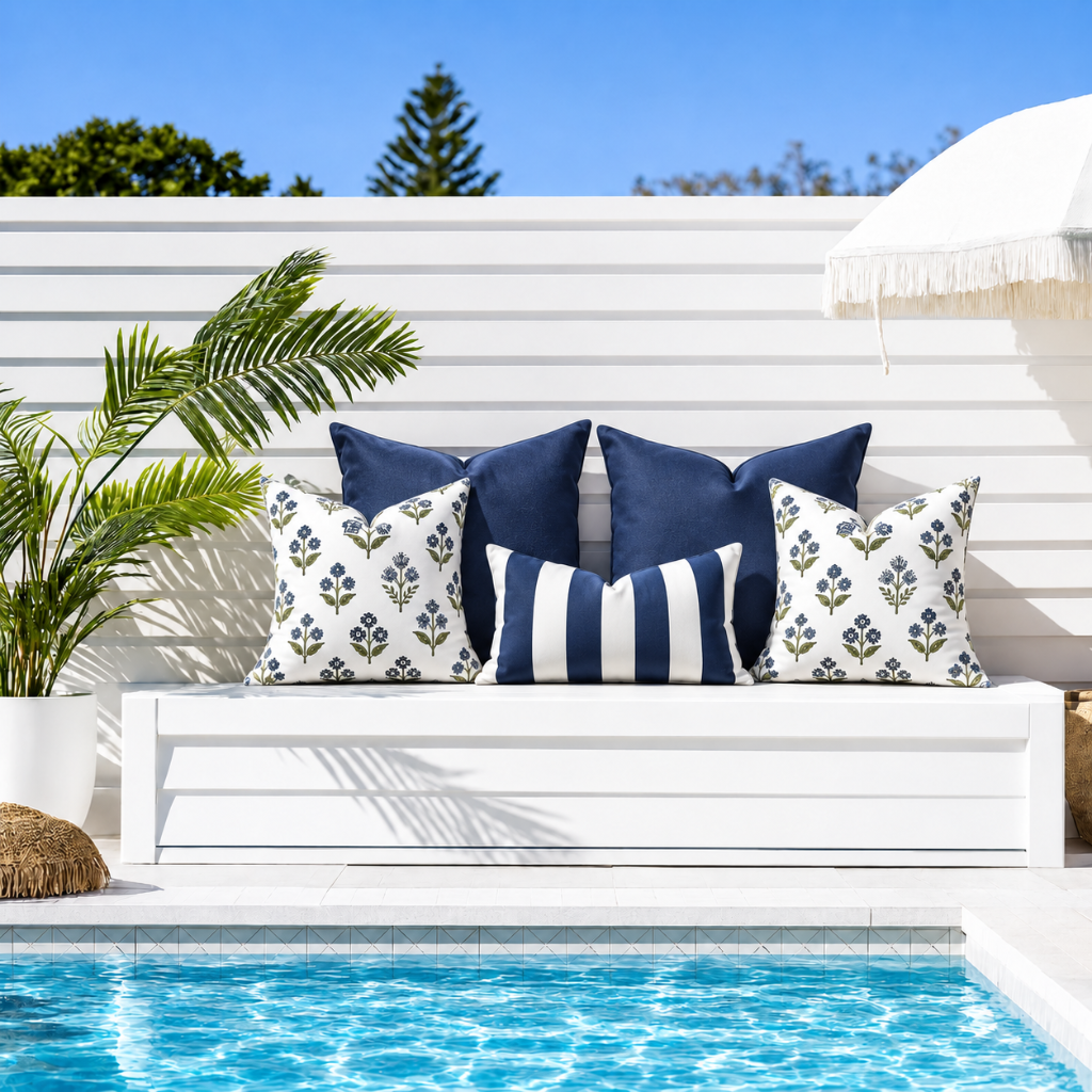 Fleur Navy water-resistant outdoor sofa cushion cover set with two navy 50 x 50 cushions, two blue and green floral 45 x 45 cushions and a navy white striped 30 x 50 lumbar cushion beside a pool