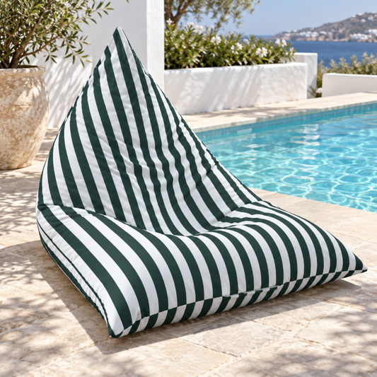 Hamptons Outdoor Beanbag Cover 100x140 in dark green and white vertical stripe displayed poolside