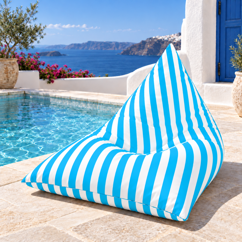 Hamptons Outdoor Beanbag Cover 100x140 in sky blue and white vertical stripe displayed poolside