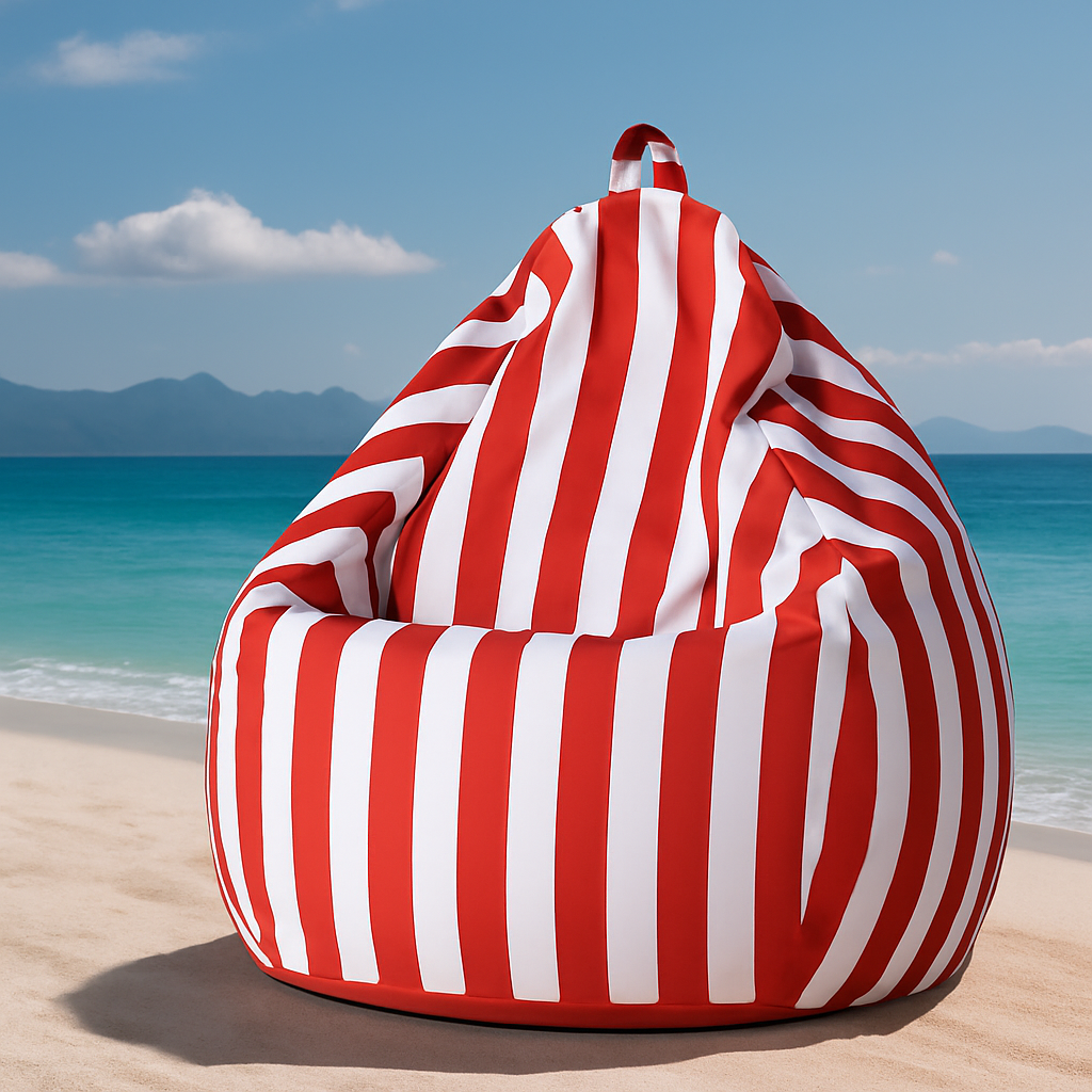 A red and white striped waterproof teardrop bean bag styled on a beach deck with ocean backdrop, perfect for outdoor summer lounging