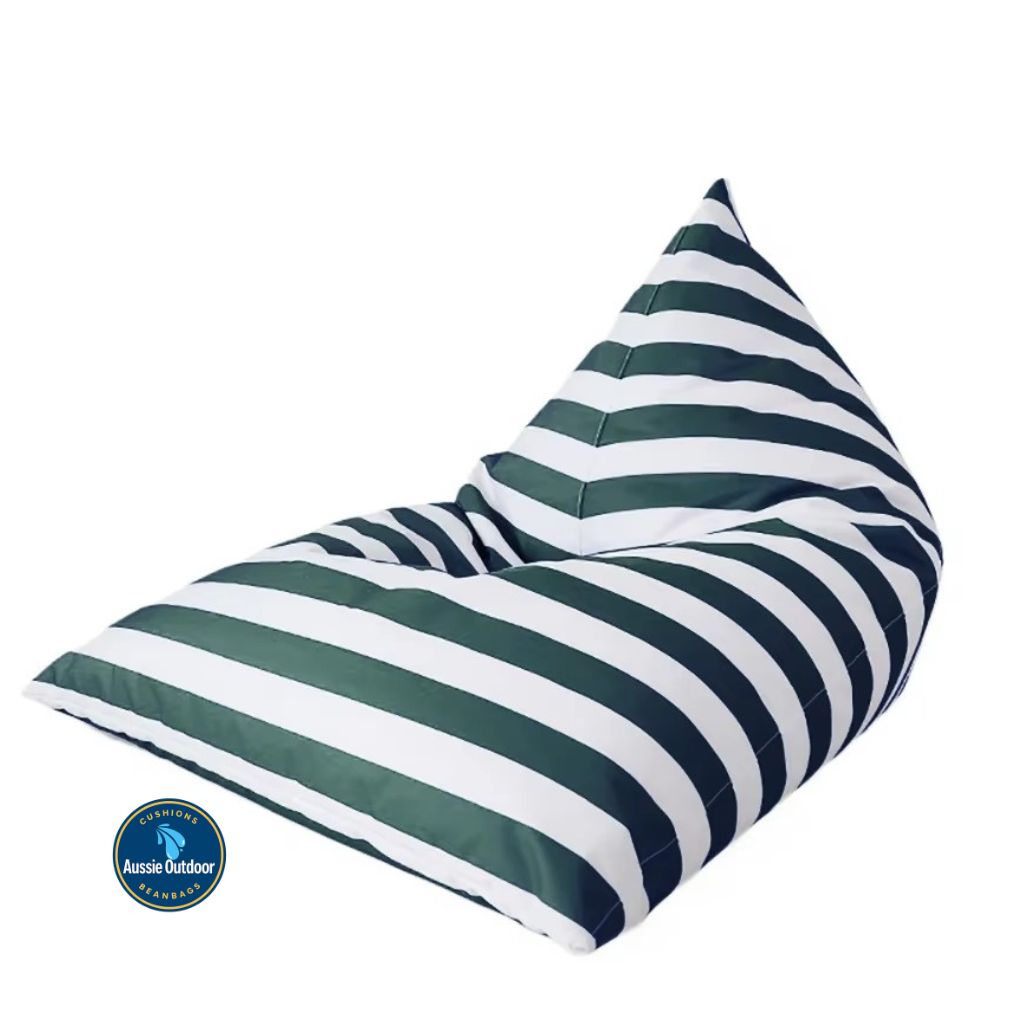 Hamptons large waterproof outdoor triangle bean bag cover 110 x 140 dark green and white horizontal stripe