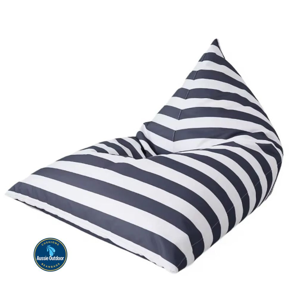 Hamptons large waterproof outdoor triangle bean bag cover 110 x 140 dark grey and white horizontal stripe