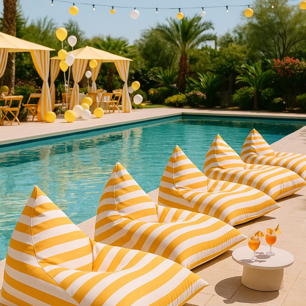 Hamptons waterproof outdoor triangle bean bag cover 110 x 140 yellow and white horizontal stripe resort pool lifestyle setting event