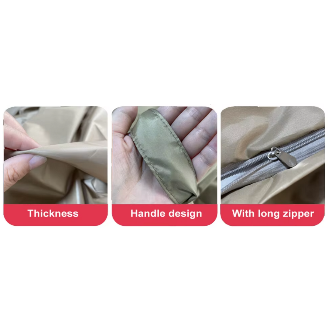 Triple view of inner liner showing fabric thickness, sewn-in strap, and durable zipper closure