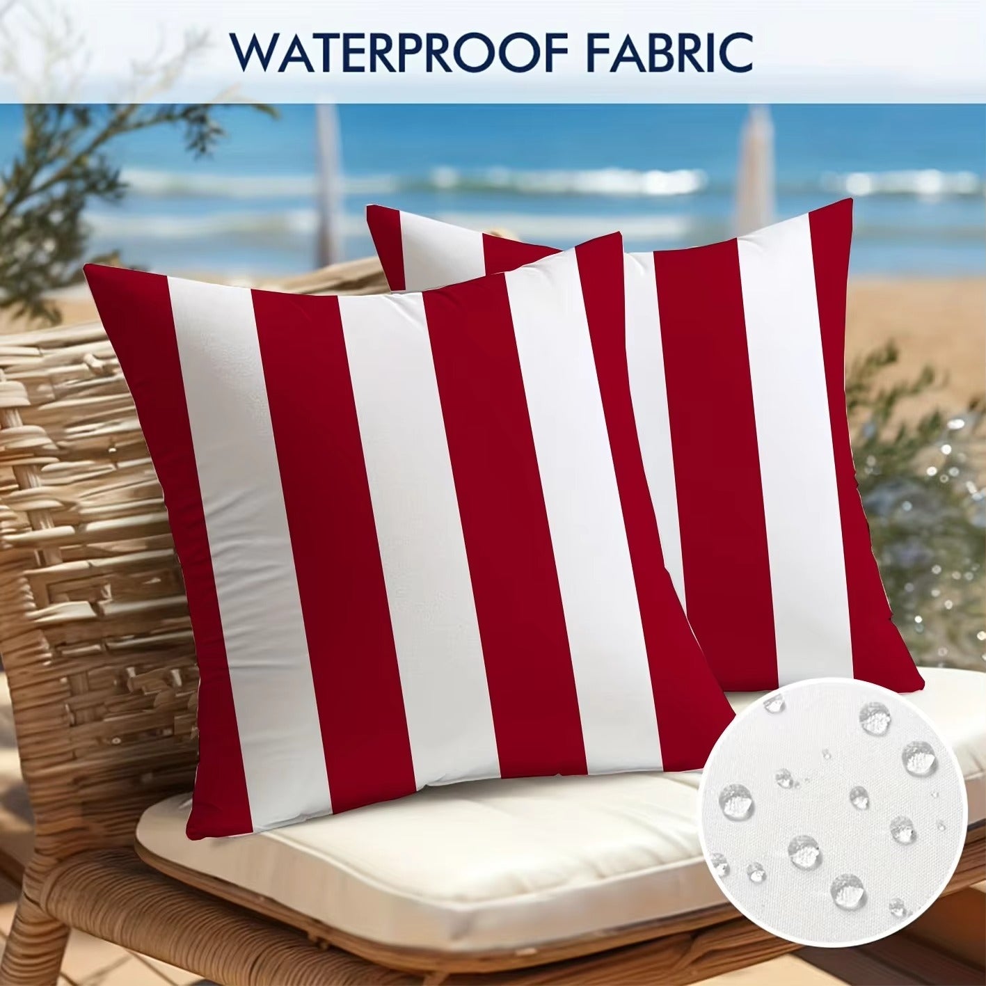 Hamptons Outdoor Waterproof Striped Cushion Cover Red White 45x45