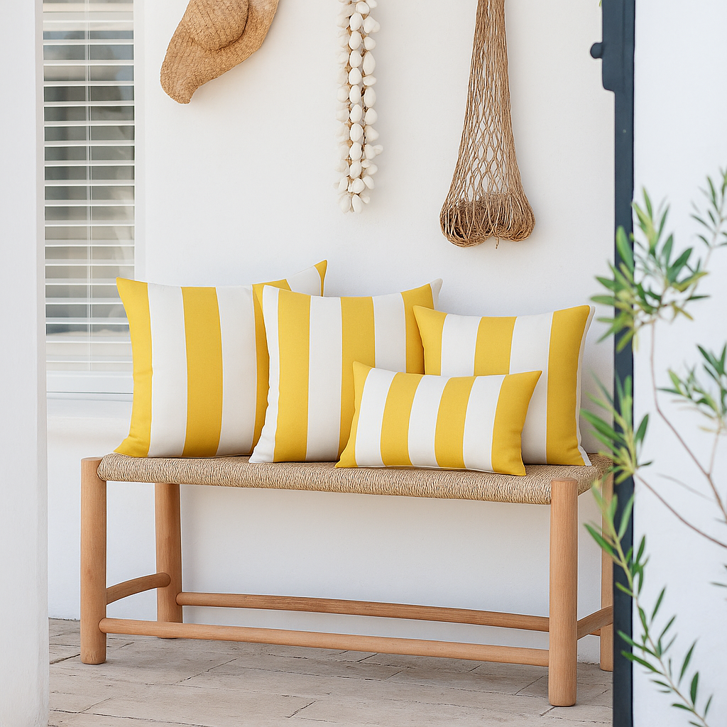 Hamptons   weatherproof outdoor cushions in yellow and white stripe – 45x45cm square  design , 30x50cm rectangle lumbar design on outdoor bench