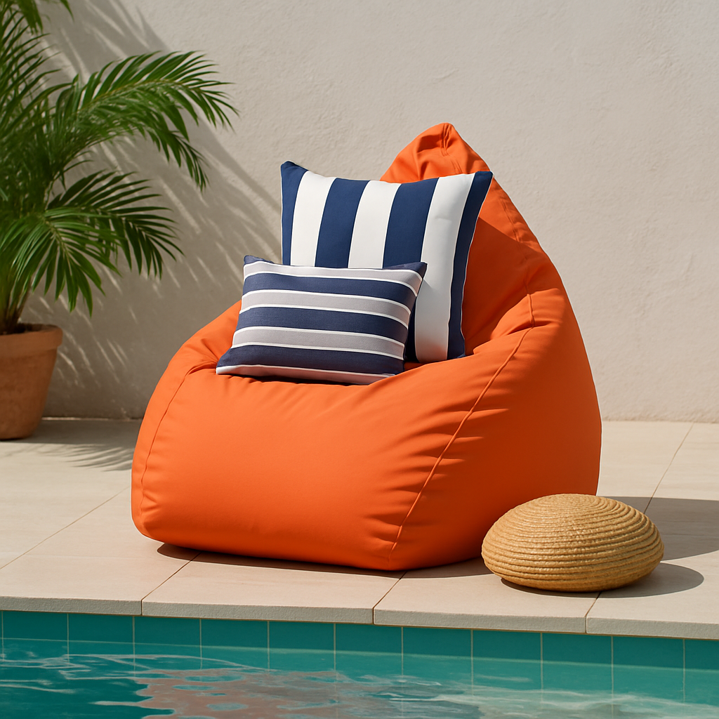Orange bean bag chair with striped cushions by a poolside