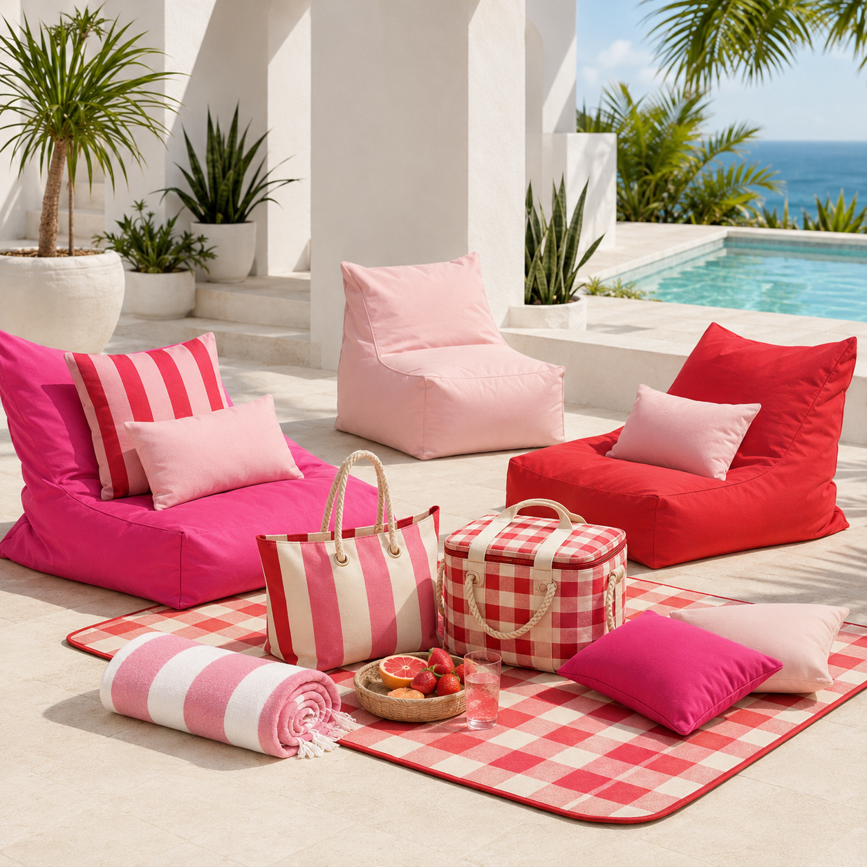 Pink and red striped weatherproof outdoor cushion cover styled on a sunny coastal terrace