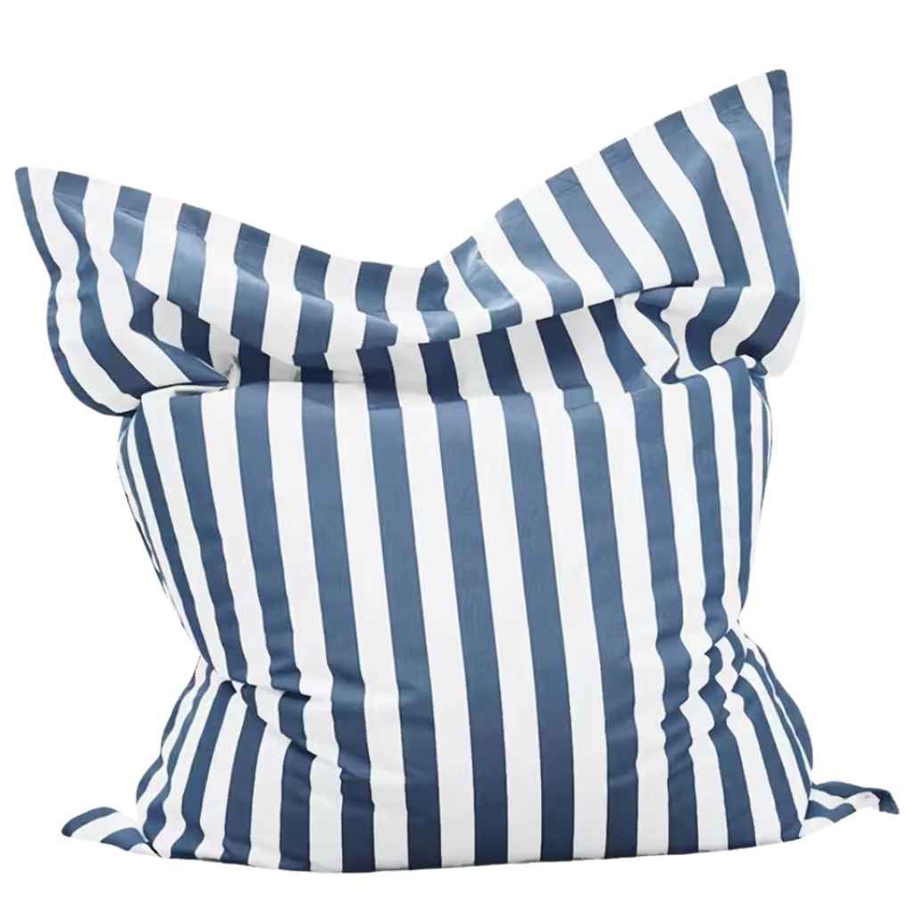 Big Bertha Premium dust blue and white striped floating beanbag cover, 140 x 180 cm, shown filled on a white background