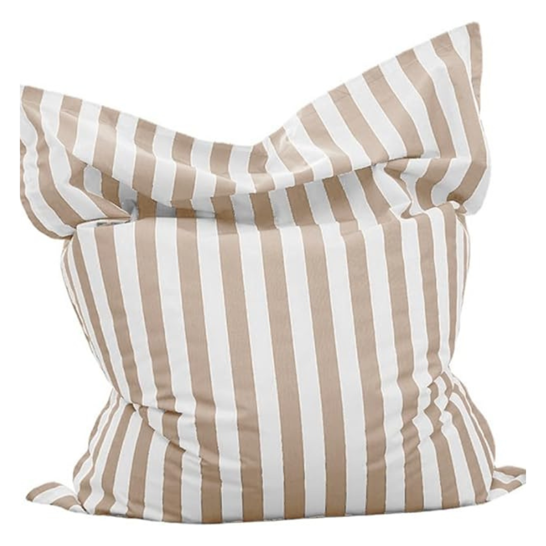 Big Bertha Premium light khaki and white striped floating beanbag cover, 140 x 180 cm, shown filled on a white background
