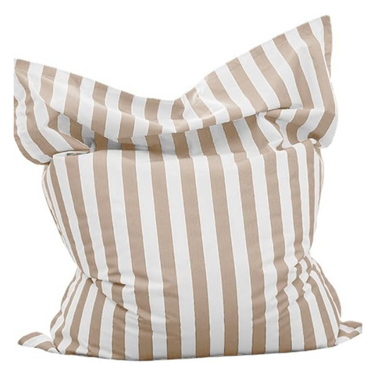 Big Bertha Premium light khaki and white striped floating beanbag cover, 140 x 180 cm, shown filled on a white background