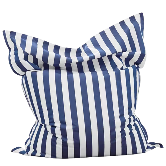 Big Bertha Premium navy and white striped floating beanbag cover, 140 x 180 cm, shown filled on a white background
