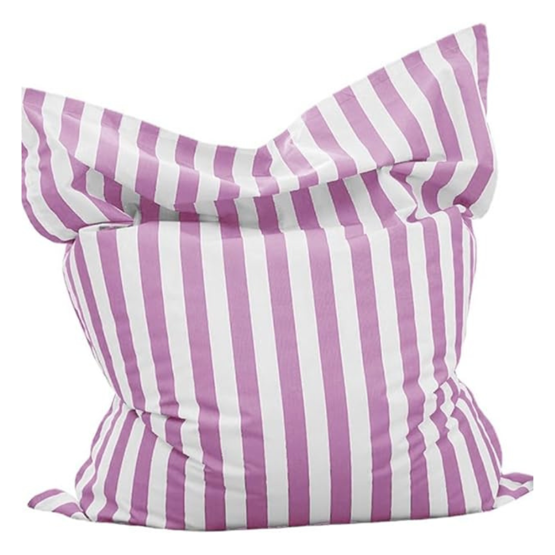 Big Bertha Premium purple and white striped floating beanbag cover, 140 x 180 cm, shown filled on a white background