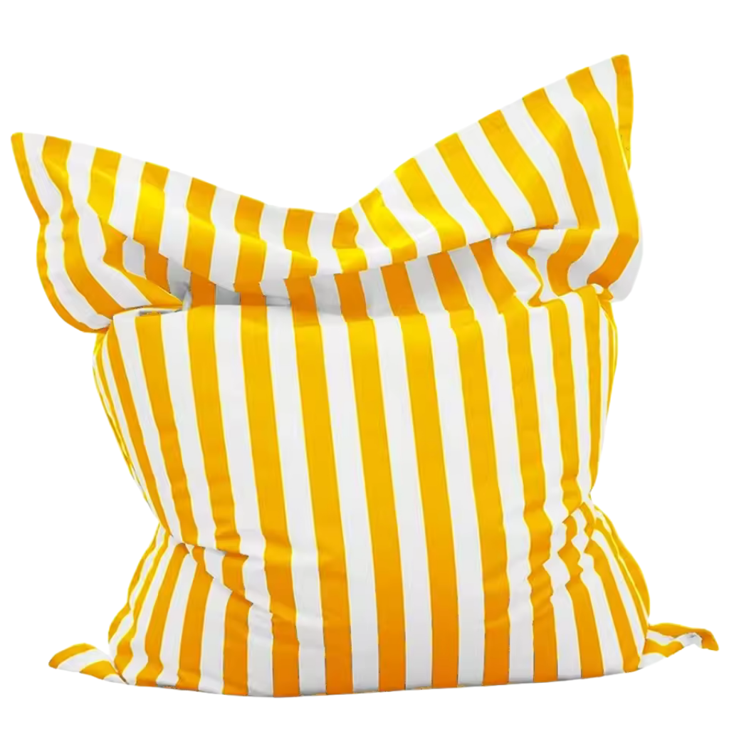 Big Bertha Premium yellow and white striped floating beanbag cover, 140 x 180 cm, shown filled on a white background