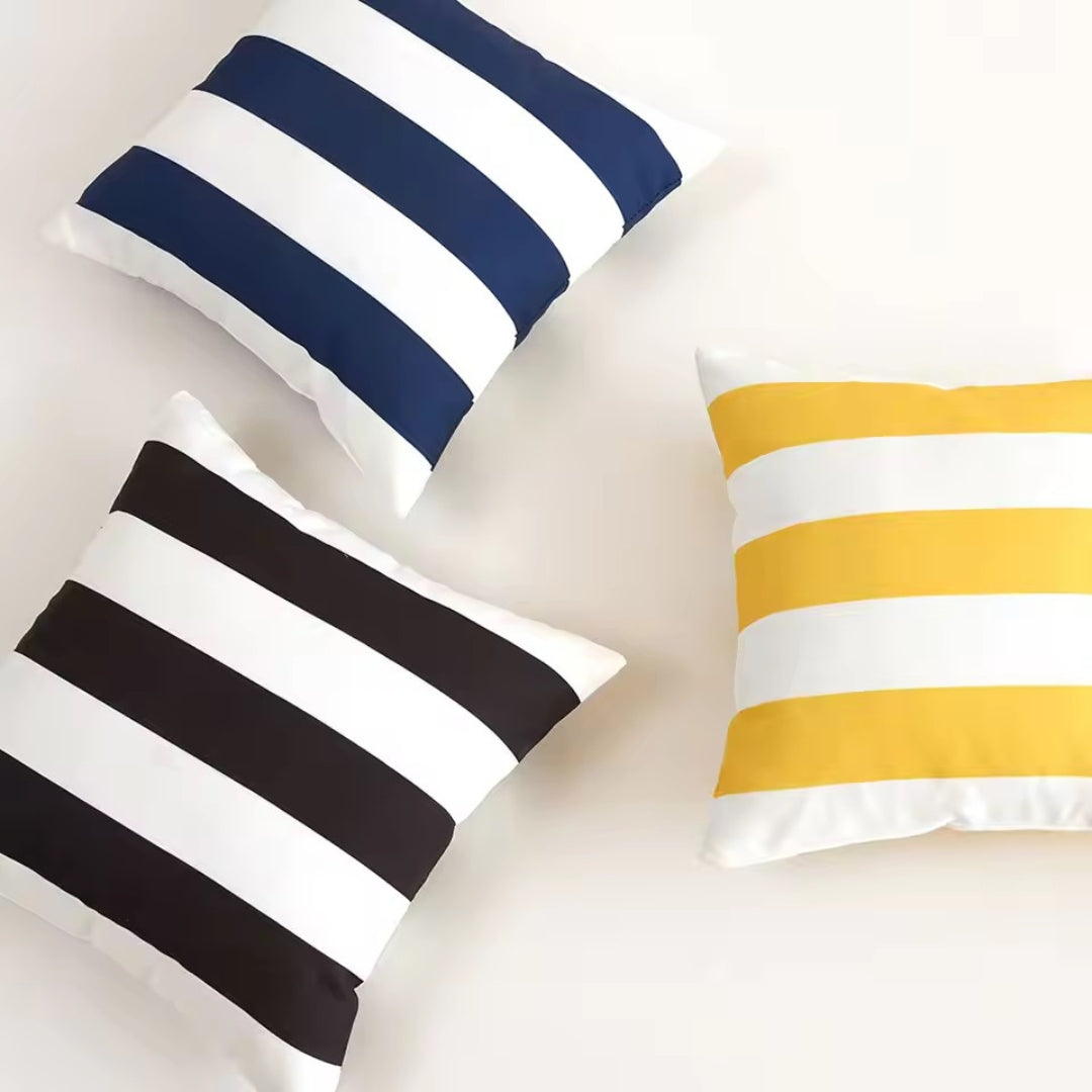 Hamptns Set of 3 waterproof outdoor cushions in yellow, navy, and black stripe – square 45x45cm design