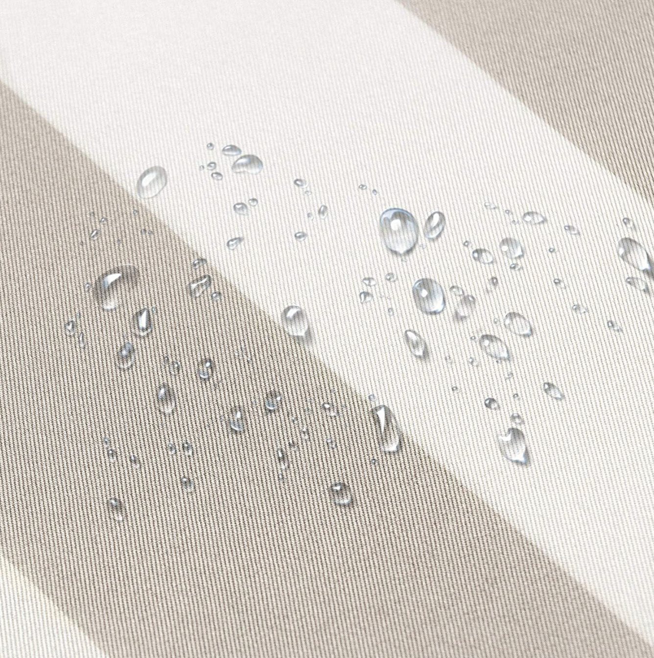 Water droplets on a waterproof polyester fabric surface with a white and beige colour scheme for Hampton Waterproof Outdoor cushion covers