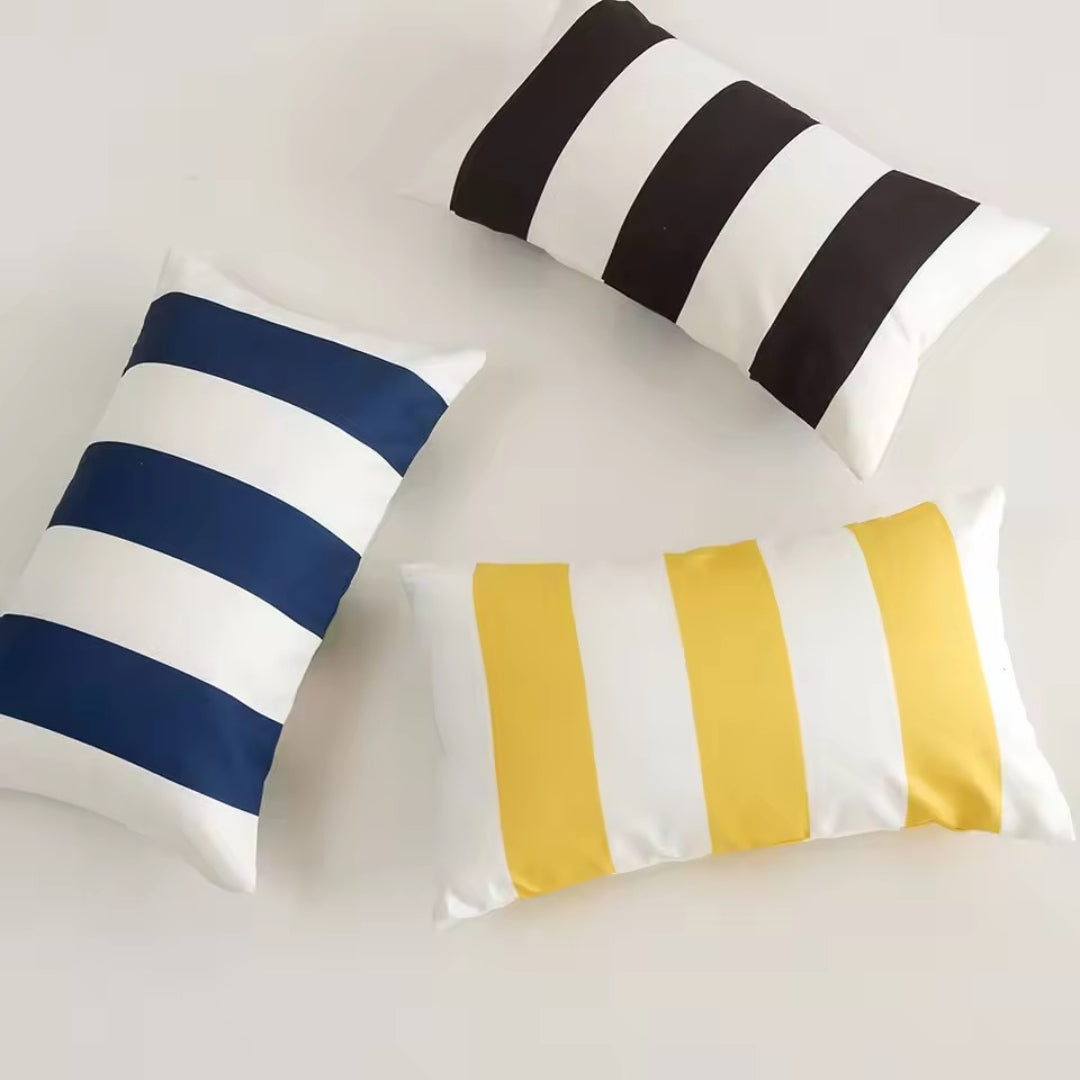 Hamptons 3 waterproof outdoor cushions in yellow, navy, and black stripe – square 30x50cm rectangle lumbar design