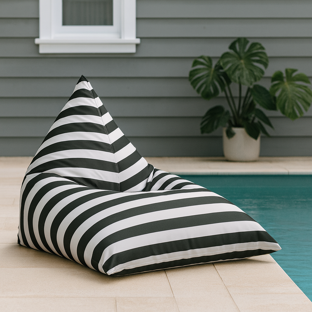 Hamptons waterproof outdoor triangle bean bag cover 110 x 140 black and white horizontal stripe pool lifestyle setting
