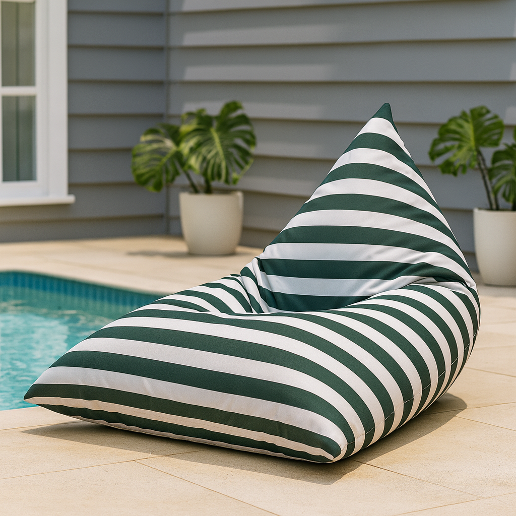 Hamptons large waterproof outdoor triangle bean bag cover 110 x 140 dark green and white horizontal stripe pool lifestyle setting

