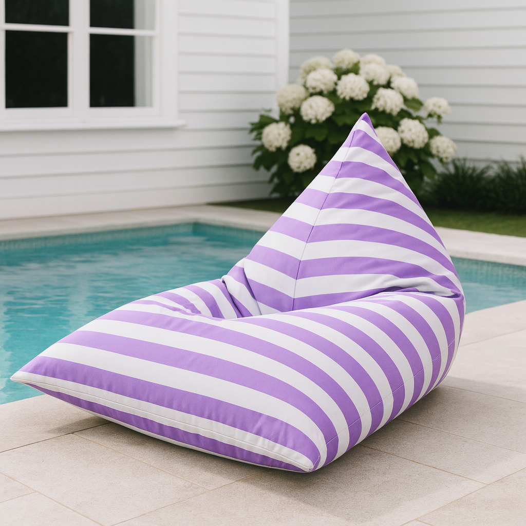 Hamptons large waterproof outdoor triangle bean bag cover 110 x 140 purple and white horizontal stripe pool lifestyle setting
