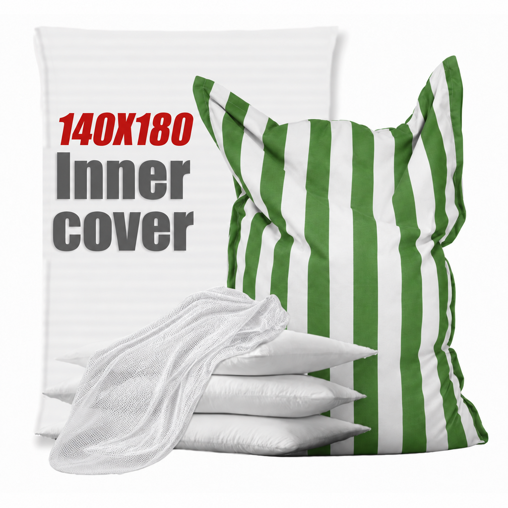 White breathable mesh inner liner beside a green and white striped 140 × 180 cm beanbag cover