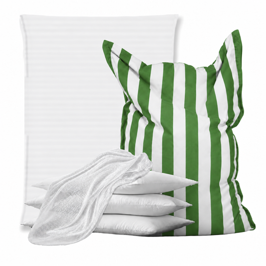 White breathable mesh beanbag inner liner shown beside a green and white striped rectangular beanbag cover with beanbag filling bags on a white background.
