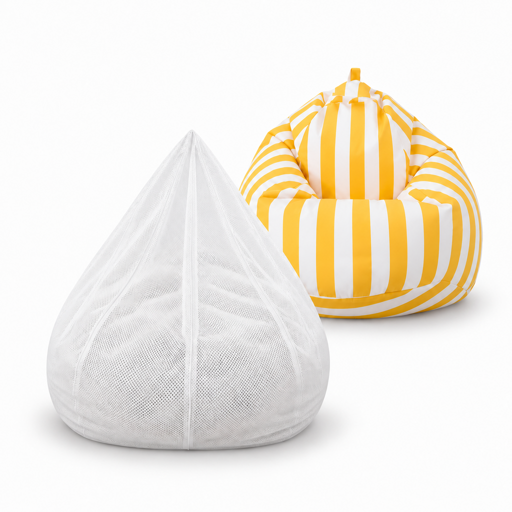 White breathable mesh inner liner beside a yellow and white striped teardrop beanbag