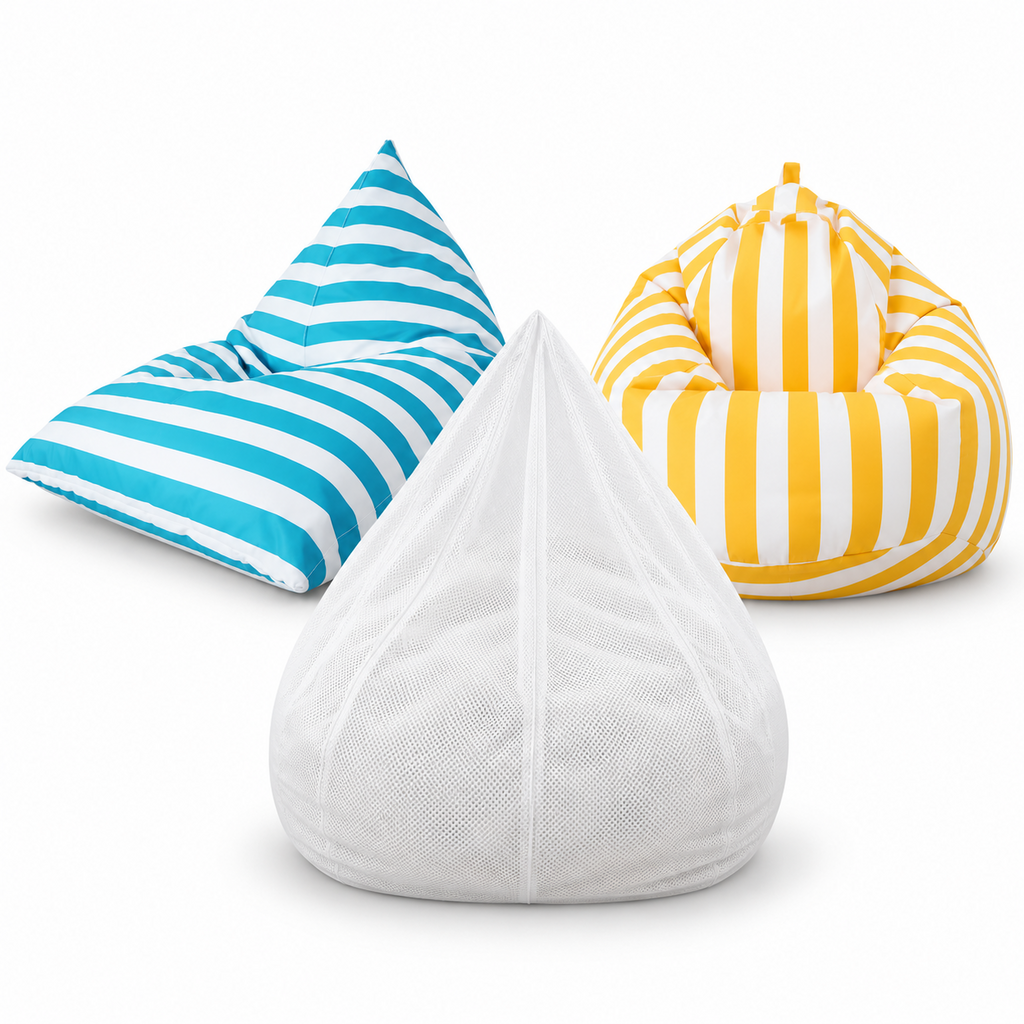 White breathable mesh inner liner with striped teardrop and triangle beanbags
