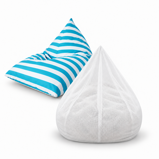 White breathable mesh inner liner beside a blue and white striped triangle beanbag